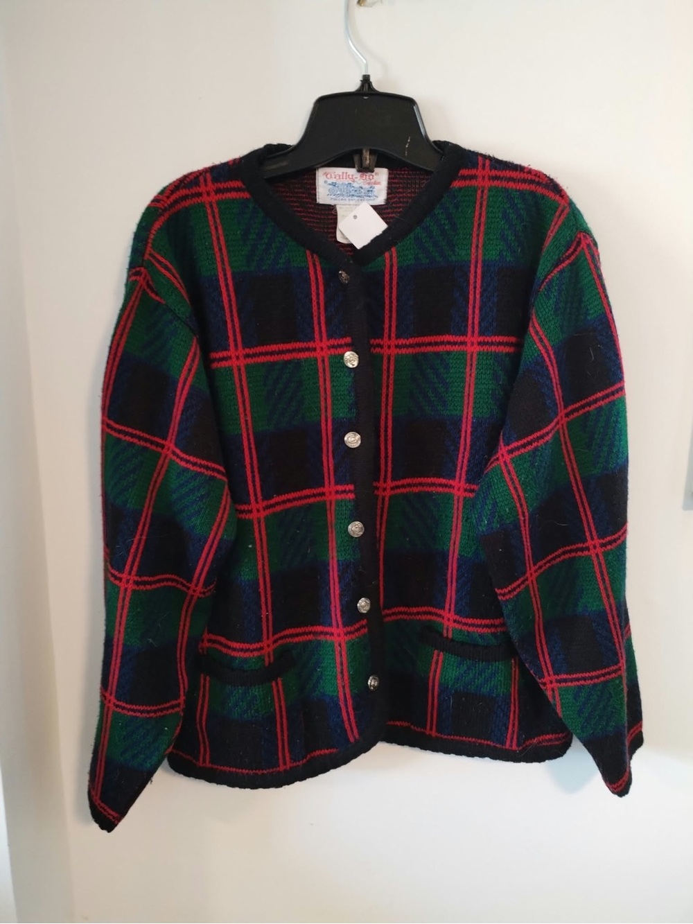 Women’s Vintage Tally Ho Plaid Button-Front Winter Cardigan - Size Large